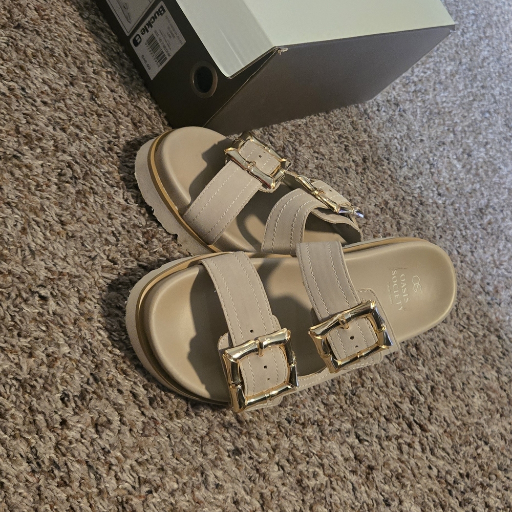 Beige Sandals with Gold Buckles